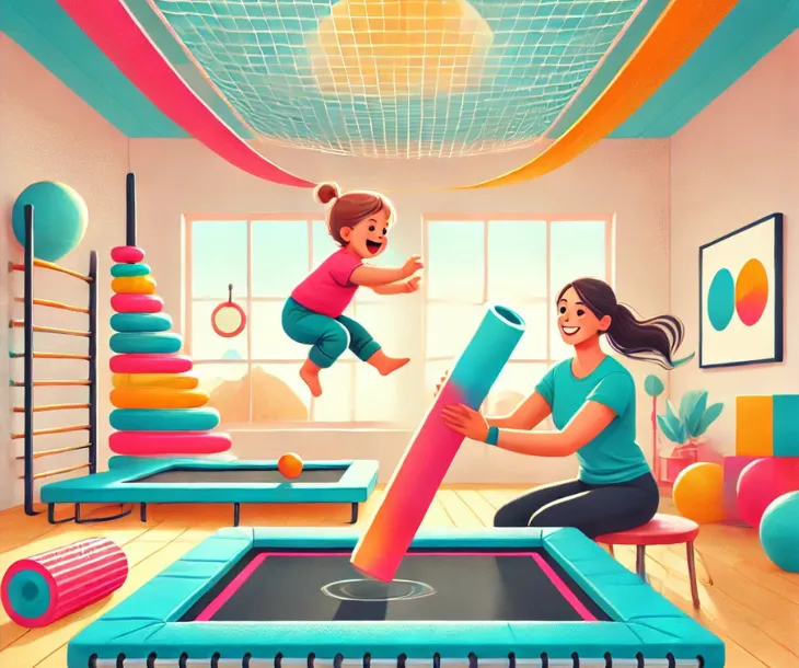 an illustration of a physical therapist and child playing on a trampoline during a therapeutic trampoline session