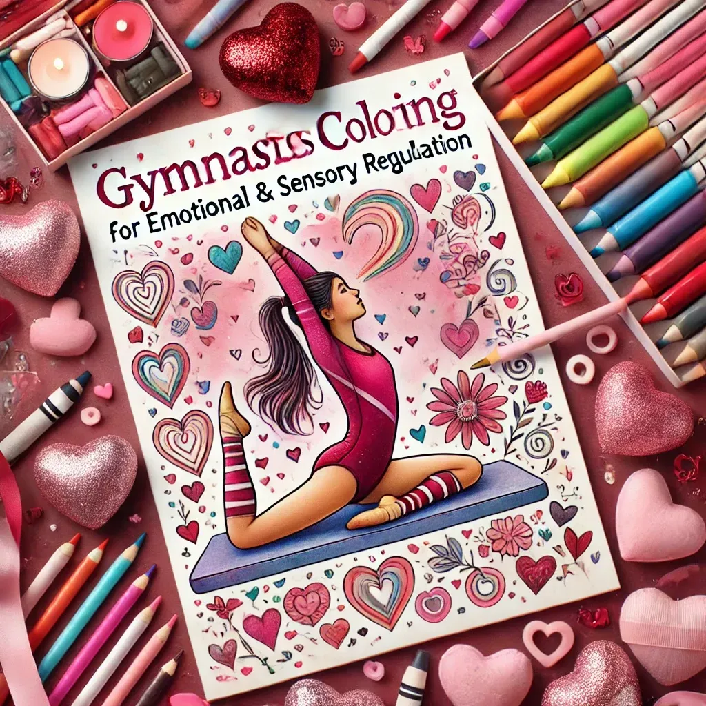 A vibrant Valentine's-themed cover image featuring a gymnastics-themed coloring sheet surrounded by crayons, markers, and colored pencils. The background includes soft pink and red heart decorations, creating a festive and warm atmosphere. A young gymnast stretching on a mat is subtly visible in the background. The text overlay reads: "Gymnastics Coloring for Emotional & Sensory Regulation" in a playful yet professional font with heart-shaped accents. The overall color scheme includes shades of pink, red, and purple, evoking a sense of love, warmth, and creativity.