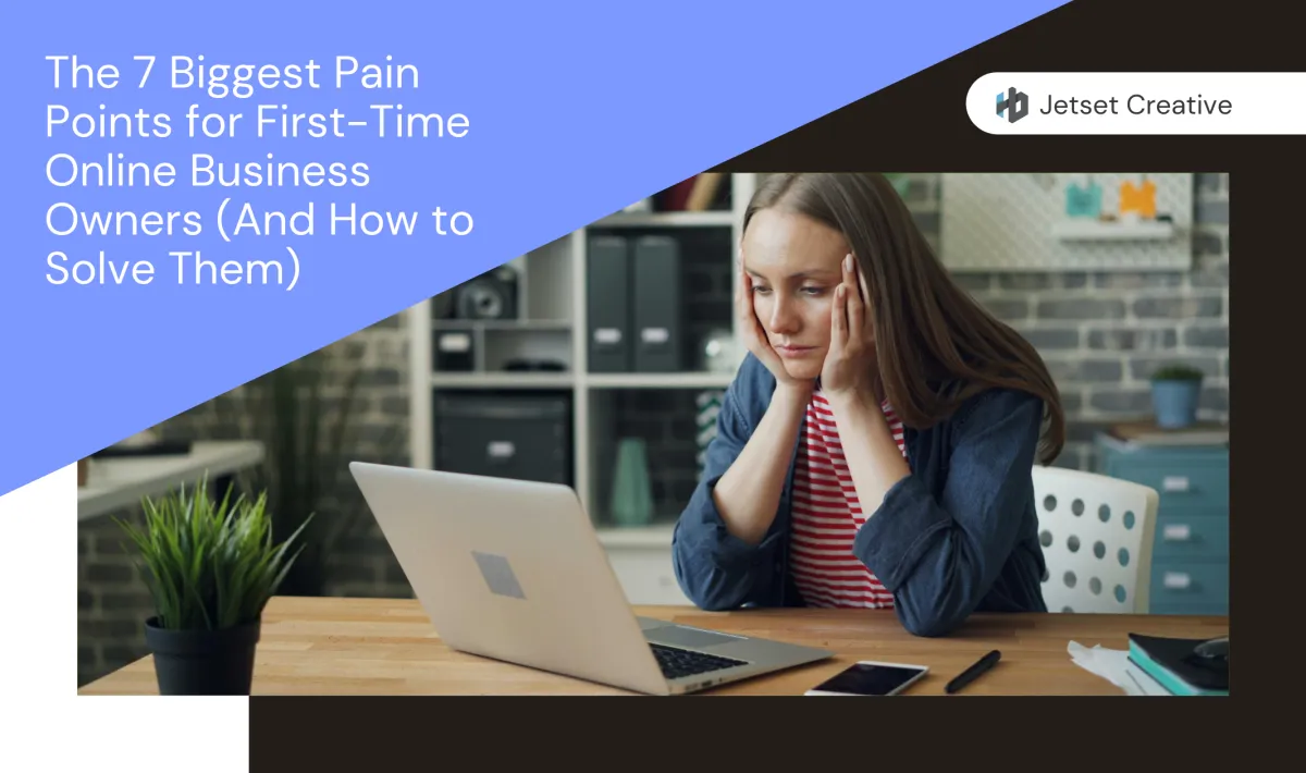 A first time business owner getting frustrated at her laptop after encountering a pain point while learning how to start an online business