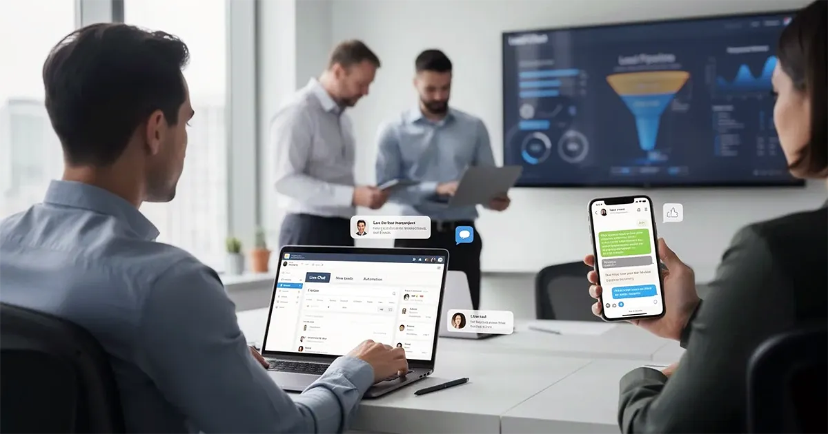 Business team responding instantly to online leads using live chat and CRM automation on a laptop and mobile device
