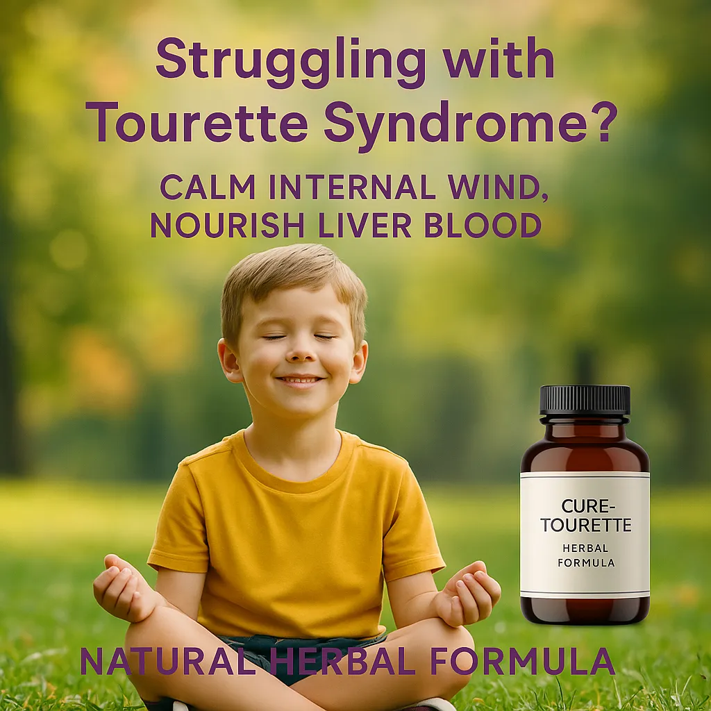 A smiling young boy sits cross-legged on the grass with eyes closed, appearing calm and peaceful. Text above reads “Struggling with Tourette Syndrome? Calm internal wind, nourish liver blood.” A bottle labeled “Cure-Tourette Herbal Formula” is shown, promoting a natural herbal remedy for managing Tourette Syndrome symptoms.