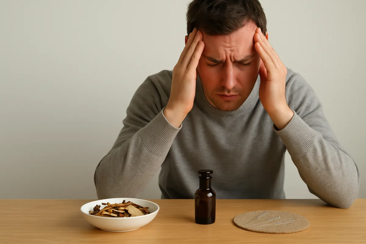 A stressed man holding his head at a table with traditional Chinese medicine herbs, a brown glass bottle, and acupuncture needles, symbolizing natural healing for anxiety.