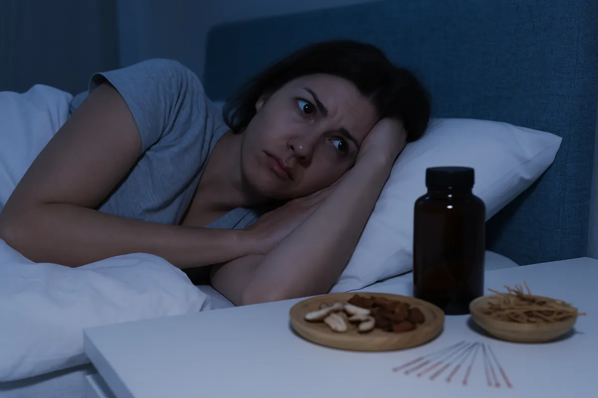 A woman lying awake in bed at night, looking anxious and unable to sleep, with traditional Chinese medicine herbs, acupuncture needles, and an herbal bottle on a nearby table.