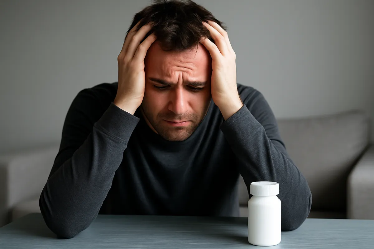 A distressed man in a dark shirt sits at a table with his head in his hands, appearing overwhelmed or anxious. In front of him is a white prescription pill bottle, symbolizing mental health struggles or treatment.