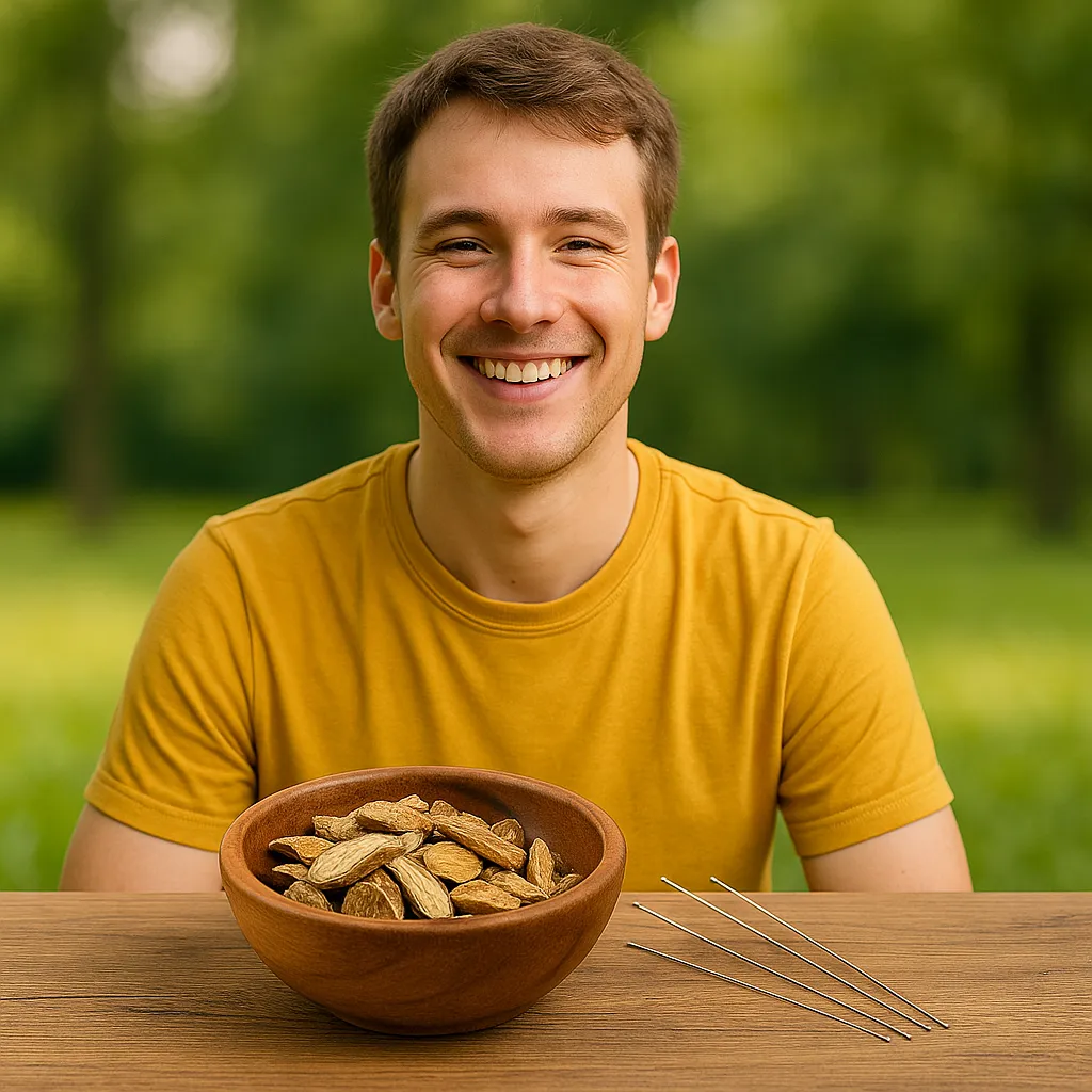 A smiling young man sits at an outdoor wooden table in a sunny park. In front of him is a wooden bowl filled with traditional Chinese herbs and a set of acupuncture needles neatly arranged beside it, symbolizing natural wellness and holistic healing.