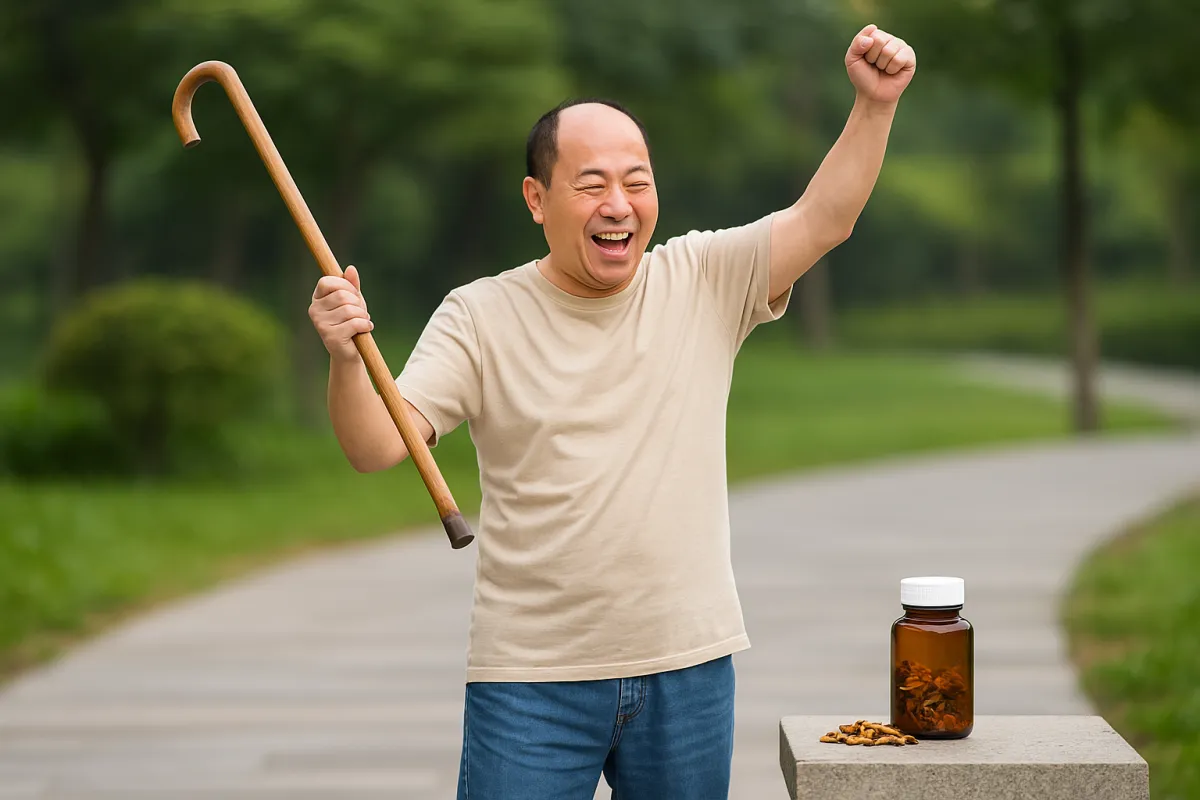 A joyful middle-aged East Asian man stands on a park pathway, raising his arm triumphantly while holding a cane, symbolizing recovery from a stroke. Beside him on a stone pedestal is a brown glass bottle filled with traditional Chinese herbal medicine. Lush greenery surrounds the scene.