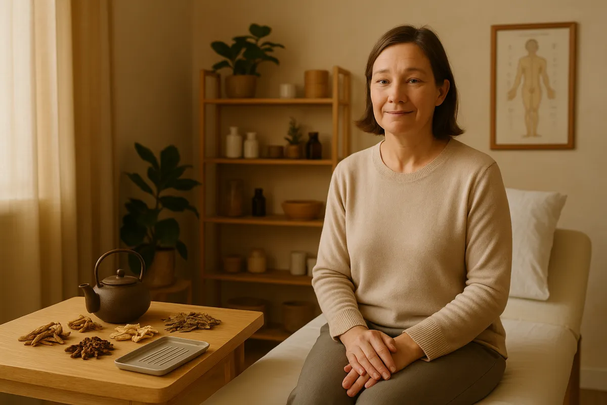 A middle-aged woman with mild facial asymmetry from Bell’s Palsy sits calmly in a traditional Chinese medicine clinic. She is surrounded by natural light, with a wooden table beside her displaying a teapot, dried Chinese herbs, and acupuncture tools, representing holistic healing.