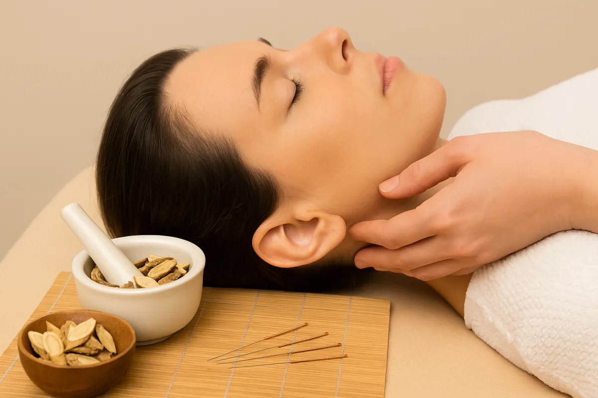 A woman with light skin and dark brown hair lies peacefully with her eyes closed as a practitioner gently touches her jaw to address TMJ disorder. Beside her, traditional Chinese medicine items—including a mortar and pestle with sliced herbs and acupuncture needles—rest on a bamboo mat, creating a calm and natural healing atmosphere.