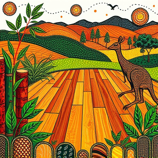 Vibrant PopArt blog cover image comparing hardwood and laminate flooring. The image features a split view: one side showcases the natural beauty of hardwood flooring with rich grain textures in warm browns, playful illustrations of trees and leaves intertwined. The opposite side depicts laminate flooring with a sleek, modern design in bright colors and geometric patterns, incorporating whimsical elements like cartoonish flooring tools and playful animals. The background presents a stylized room setting, with the hardwood side featuring cozy, rustic decor including potted plants and a glowing fireplace, while the laminate side boasts a contemporary vibe with abstract art and minimalist furniture. Additional details like quirky rugs and oversized lightbulbs add an engaging twist. The bold color palette of bright yellows, greens, and purples creates a lively atmosphere, appealing to a modern audience interested in home design choices.