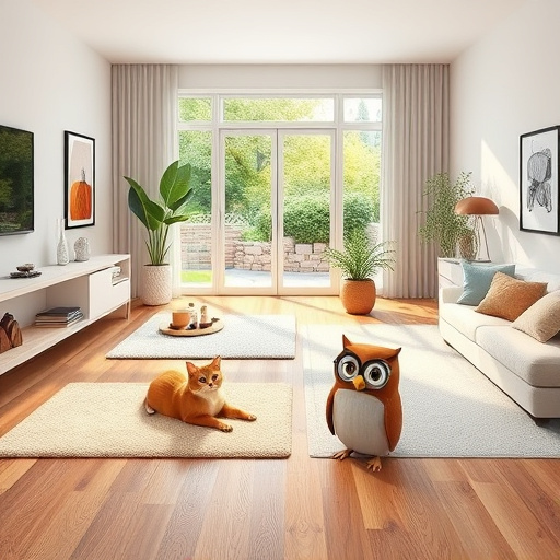 A spacious, modern interior features various durable flooring types including polished wood, sleek tiles, and resilient vinyl, each emphasizing their strength in high-traffic areas. A whimsical, oversized shoe print is prominently stamped on the floor, symbolizing heavy foot traffic. Colorful, abstract shapes suggest movement and activity, contributing to a professional yet approachable tone. Scattered throughout the scene are quirky details like tiny animals, such as a curious cat and a playful dog, peeking out from beneath the flooring, adding a lively touch. The light-filled room boasts large windows overlooking a serene outdoor space adorned with soft, leafy plants. The vibrant color palette includes warm earth tones, refreshing greens, and light blues, reflecting a calm yet energetic atmosphere. The overall composition is minimalistic in text, allowing striking visual elements to highlight the blog's focus on durable flooring options for high-traffic homes.