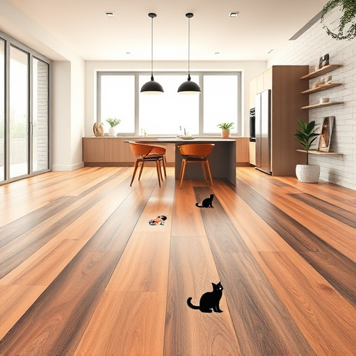 A modern blog cover image illustrating the "Pros and Cons of Vinyl Plank Flooring." The image features a stylish room with sleek, glossy vinyl planks on one side, gleaming under soft, diffused lighting, contrasting with textured hardwood or tile on the other side. Whimsical floor patterns emerge from the planks, incorporating tiny icons of a vacuum cleaner, a plant, and a playful cat silhouette, symbolizing maintenance and comfort while hinting at potential downsides. The background showcases a minimalist kitchen with modern appliances and tasteful decor, framed by large windows allowing natural light to create an uplifting atmosphere. The art style embodies Futurism with sharp angles and dynamic lines, enhanced by abstract geometric shapes, and a color palette of sophisticated earth tones mixed with vibrant pops of color, balancing professionalism with inviting warmth to engage readers on modern living aesthetics.