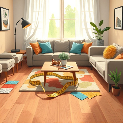 A hyperrealistic blog cover image showcasing an inviting living room themed around "Best Flooring Options for Homes." The scene features an array of flooring samples creatively displayed throughout the space, including rich wooden floors, sleek tiles, a vibrant patterned laminate, and a plush rug adding warmth. Stylish furnishings enhance the cozy atmosphere. Playful miniature houseplants peek from the sides of the samples, while a whimsical oversized color wheel of flooring shades adds a touch of artistic flair. A wall adorned with trendy leaf-patterned wallpaper suggests a harmonious blend of flooring and decor. Large windows allow natural light to flood the room, revealing a lush garden outside, emphasizing eco-friendliness. The color palette is warm with earthy browns, soft greys, and verdant greens, creating a tranquil and elegant environment that invites readers to explore various flooring options for their homes.