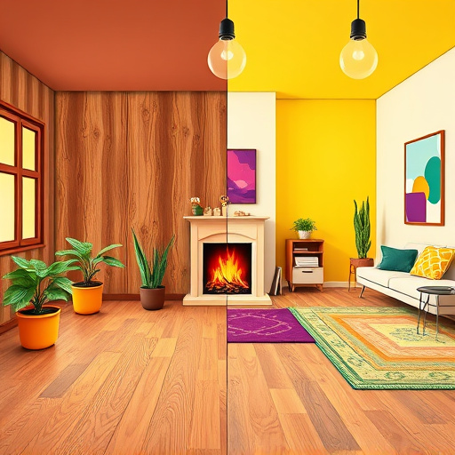Alt Text: A cozy home interior showcases various flooring options, including a warm wooden area with soft lighting and a beautiful rug, a sleek modern tile section with intricate patterns, and a plush carpet corner filled with vibrant textures. Overhead, whimsical oversized paint swatches float with vibrant colors, adding a playful element. The bright room features large windows that allow natural light to create gentle shadows, while small houseplants and decorative items like a quirky lamp and a charming bookshelf enhance the lively atmosphere. The background displays soft pastel clouds in blue and pink, embodying the limitless possibilities of home design. The overall scene captures a thoughtful yet lighthearted approach to choosing flooring, designed in a 'ConceptualArt' style with warm earthy tones that invite creativity and exploration in home decor.