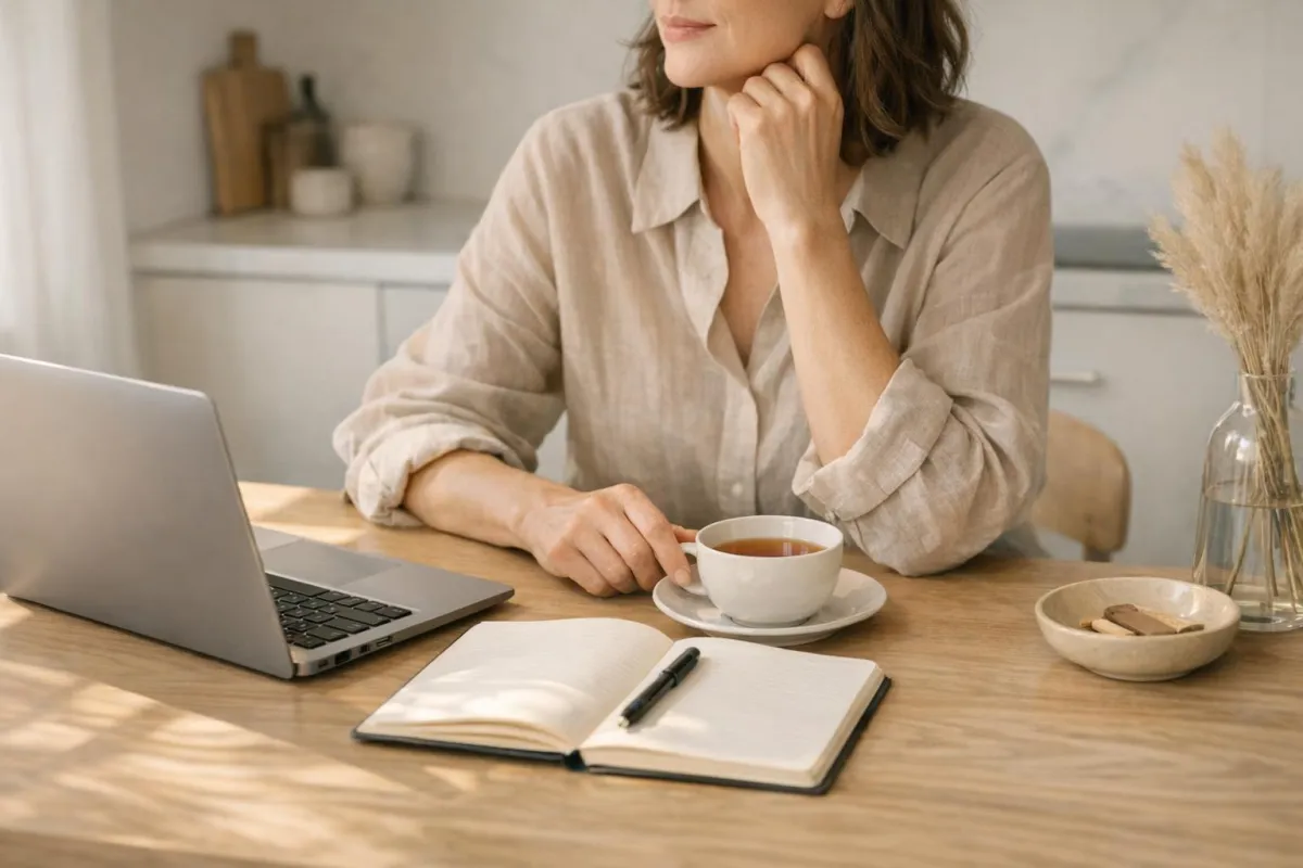 Calm professional woman reviewing finances at a tidy desk, planning a 90-day money reset without hustle culture stress