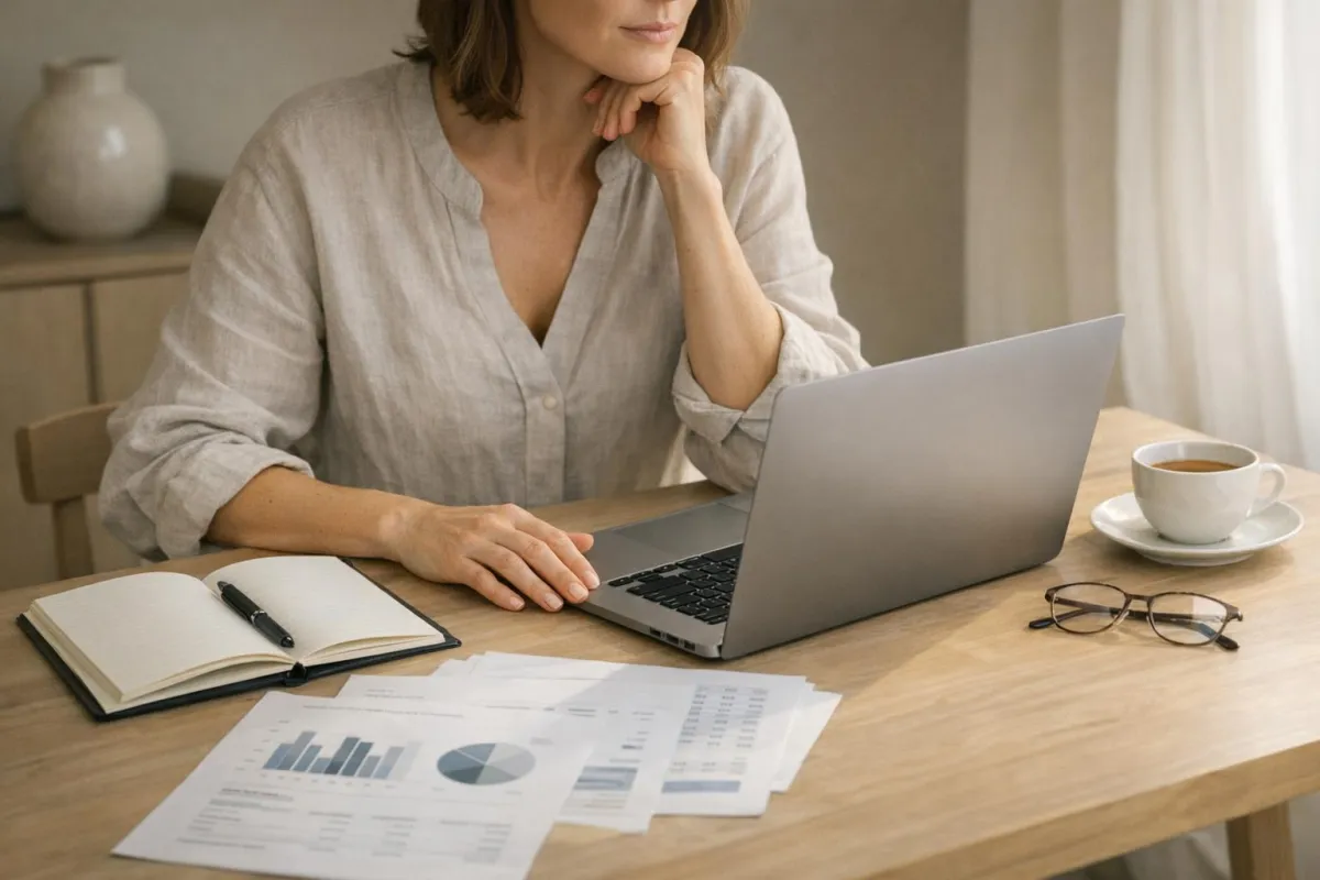 Woman at kitchen table reviewing bills and budget, laptop open, planning a gentle 30-day financial reset