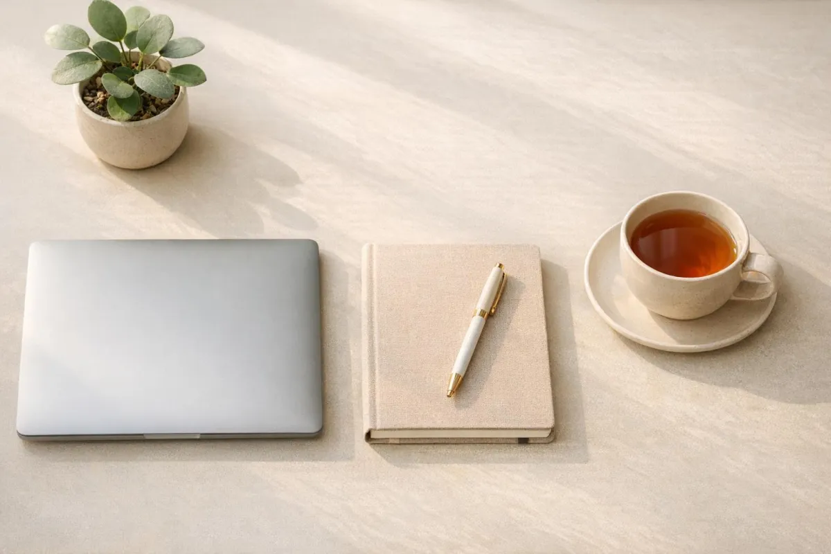 Calm setting with laptop and notebook for catching up in life