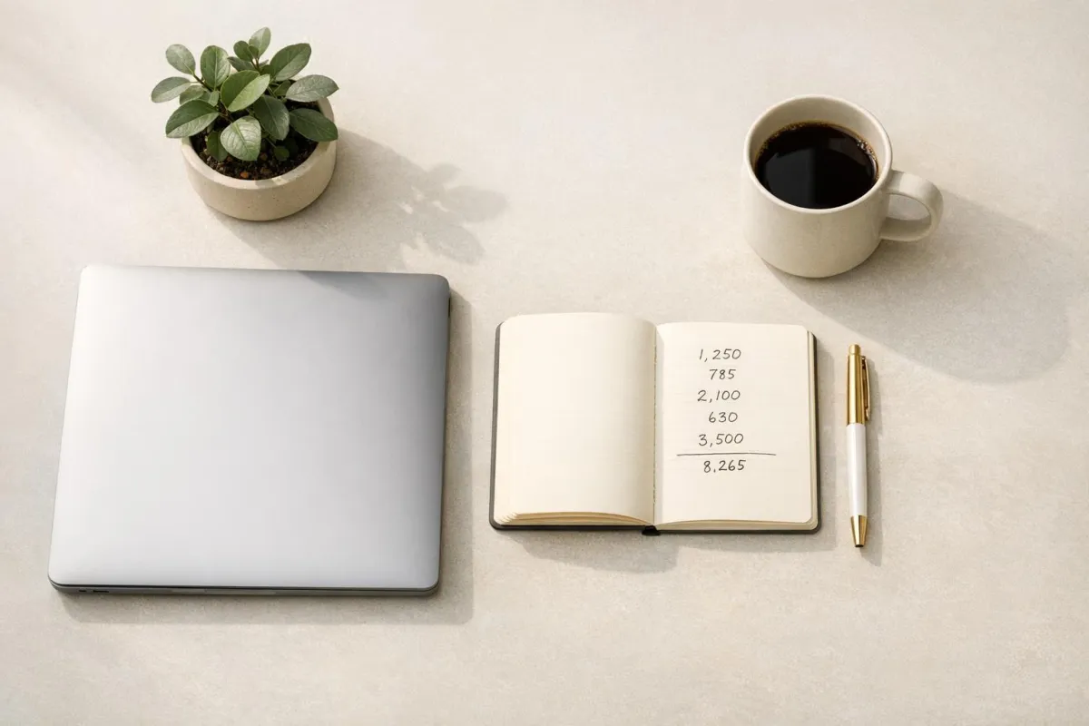 Woman sitting at a kitchen table calmly reviewing a monthly budget plan with notes, laptop, and coffee nearby