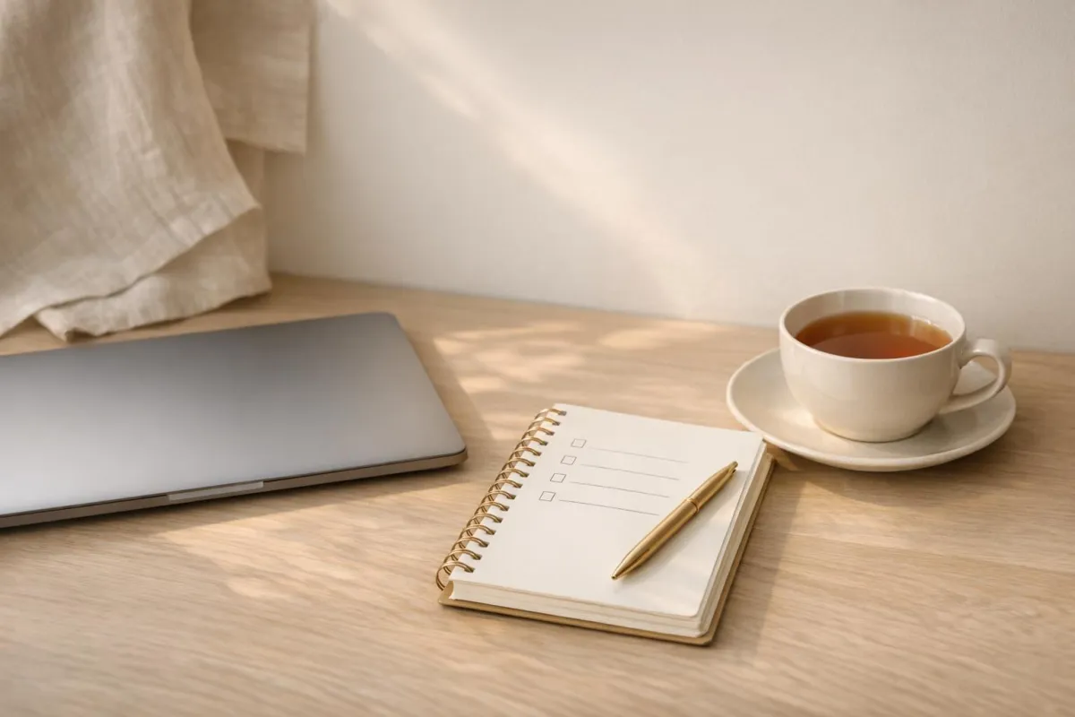 Woman at kitchen table reviewing budget worksheet and laptop, planning a 30-day gentle financial reset later in life