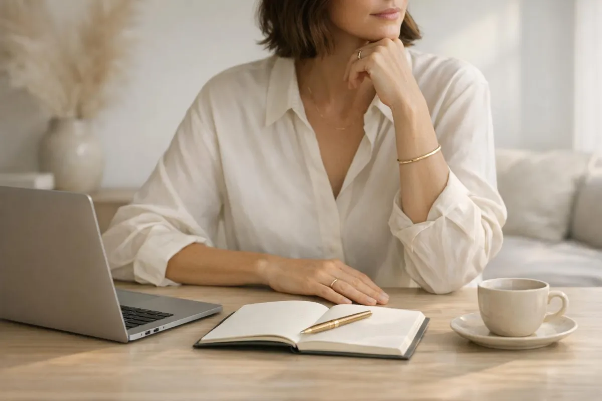 Confident professional reviewing finances at a tidy desk, planning a 90-day money reset to reduce stress and feel secure