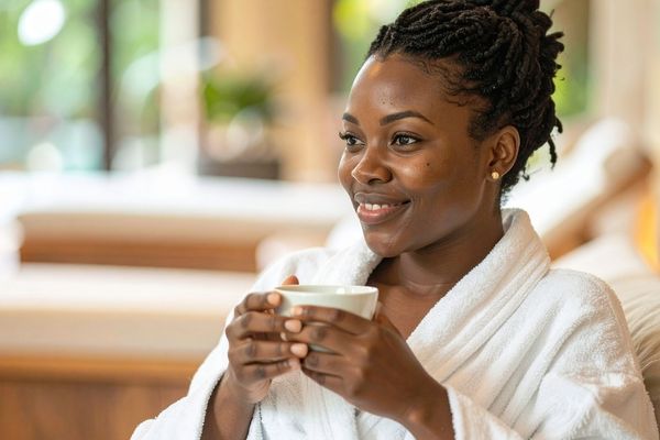 African American woman relaxing in luxury vacation room holding cup of tea