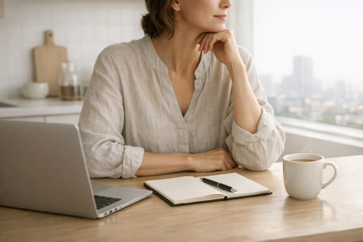 Woman reviewing budget at kitchen table, looking calm and focused, with laptop, notebook, and mug beside her