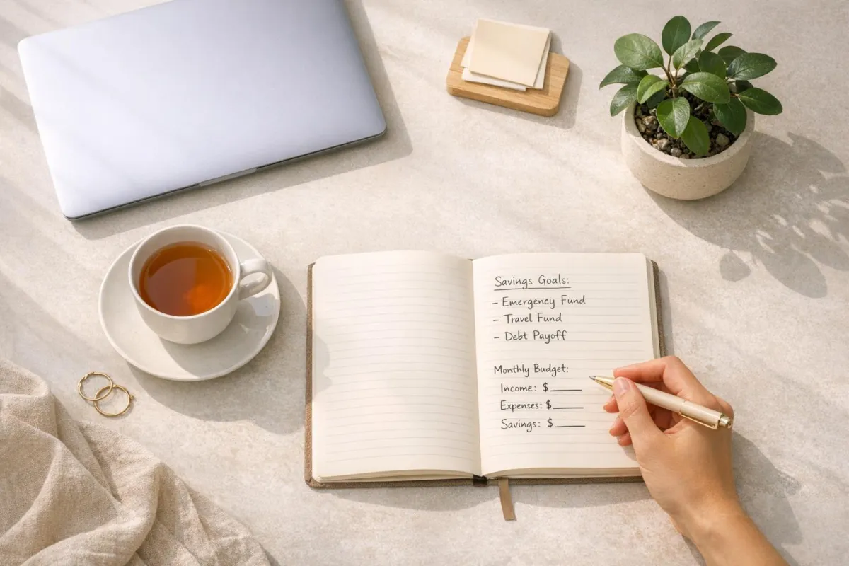 Person sitting at a kitchen table reviewing finances, notebook and laptop open, looking calm and focused on a fresh money plan