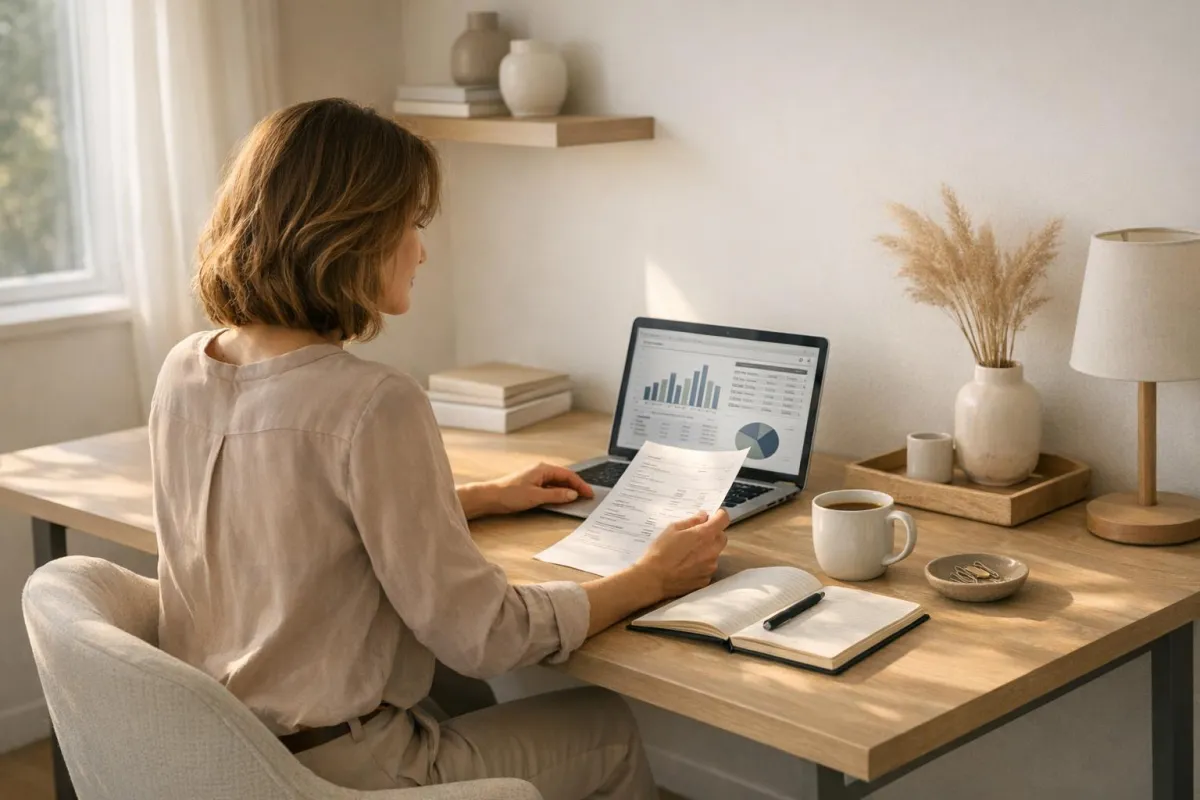 Young woman at kitchen table reviewing budget with laptop and notebook, looking calmer and more in control of her finances