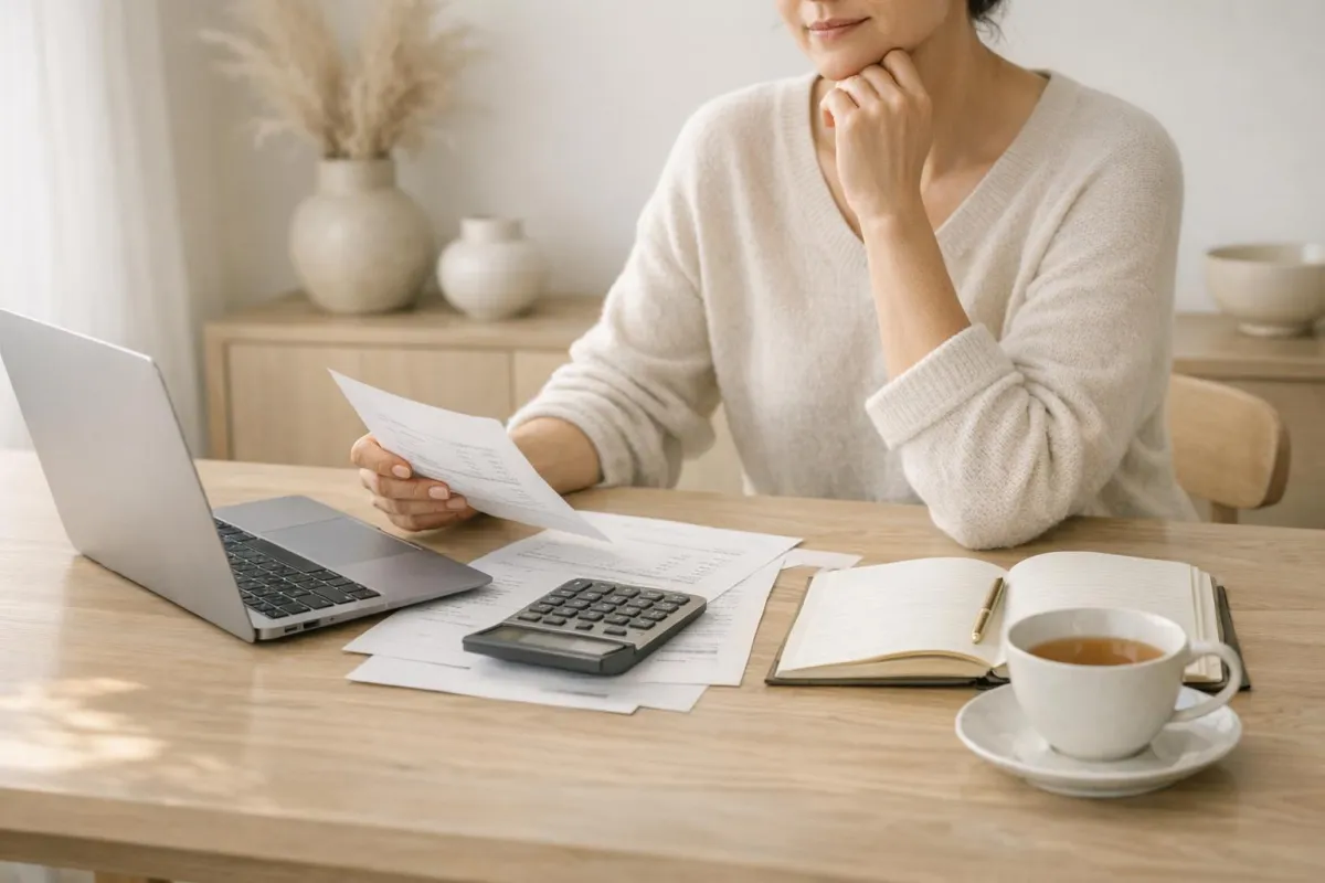 Woman at kitchen table reviewing budget with calm expression, notebook and laptop open, symbolizing a gentle 30-day money reset