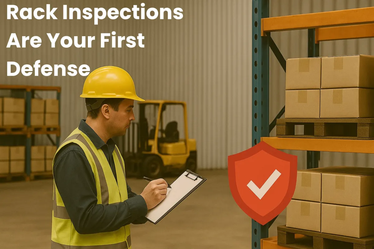 A warehouse safety inspector wearing a yellow hard hat and reflective vest conducts a pallet rack inspection with clipboard in hand. Behind him, boxes are neatly stacked on shelving, a forklift is visible in the background, and the words “Rack Inspections Are Your First Defense” are prominently displayed in bold white letters above. A red shield icon with a white checkmark appears near the rack, symbolizing safety and protection.