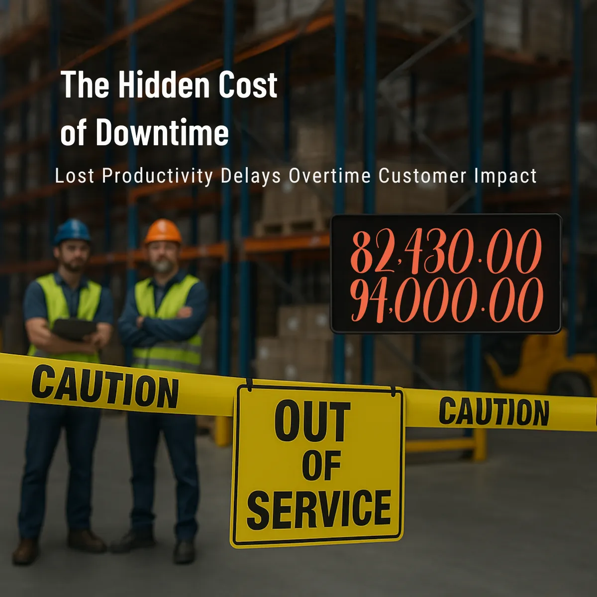 A warehouse scene showing two workers in safety vests standing in front of pallet racks blocked off by yellow caution tape and an 'OUT OF SERVICE' sign. A digital display shows rising downtime costs at $24,300.00 and $94,000.00. The image highlights the financial impact of rack downtime, emphasizing lost productivity, delays, and customer impact.