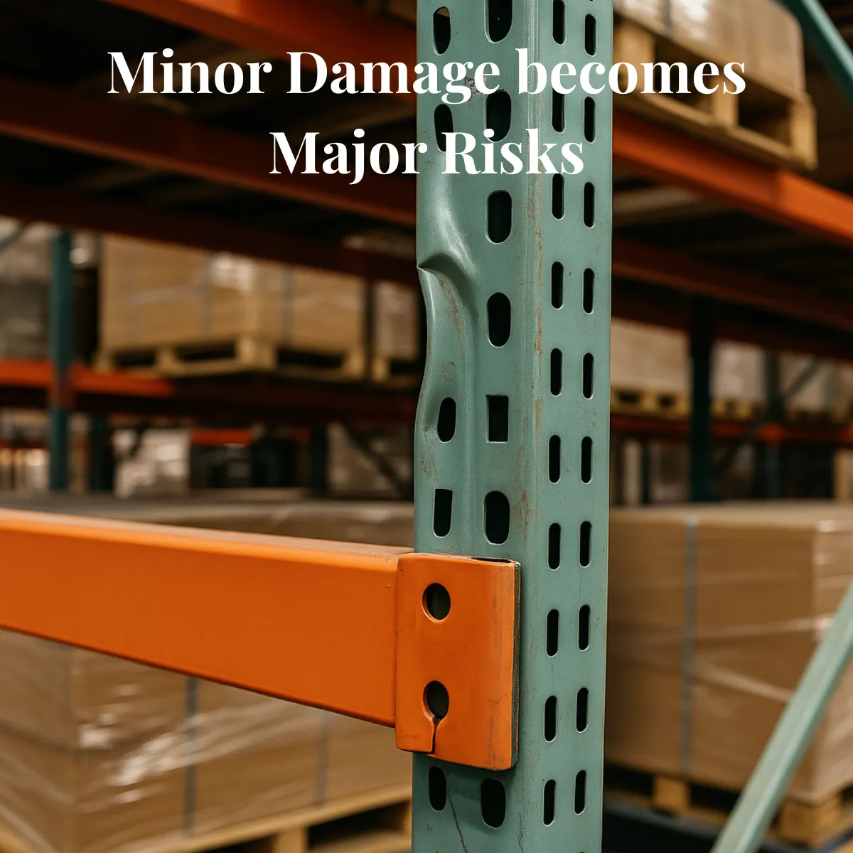 A close-up of a green pallet rack upright with visible dents and structural damage, connected to an orange horizontal beam in a warehouse with wrapped pallets in the background. Overlaid text reads: “Minor Damage becomes Major Risks