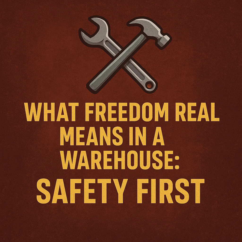 Illustration of two crossed wrenches above bold yellow text on a dark red background that reads, “What freedom real means in a warehouse: Safety First.