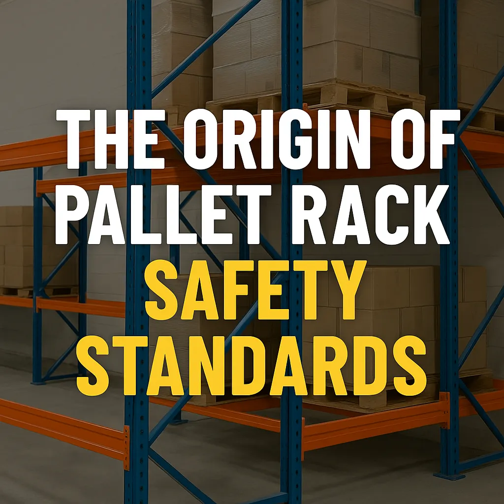 Warehouse pallet racks stacked with boxes, overlaid with bold white and yellow text reading “The Origin of Pallet Rack Safety Standards,” highlighting the history of safety guidelines.
