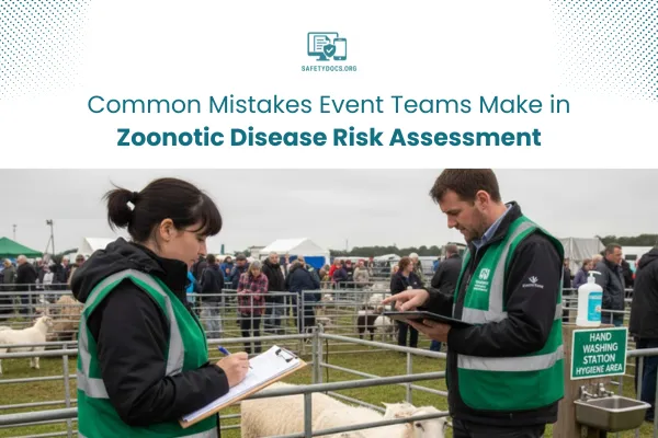Two people in green vests with clipboards/tablet at a livestock event with text about zoonotic disease risk assessment.
