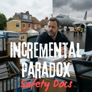 Event safety manager sitting at a desk surrounded by large stacks of safety documents and folders, showing how incremental changes create overwhelming complexity