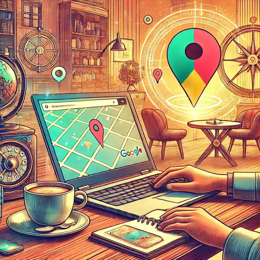 Ilustración de un emprendedor actualizando su perfil de Google Maps en un ambiente de trabajo retro-futurista, con una laptop, un mapa holográfico, y una lista de tareas en un cuaderno.