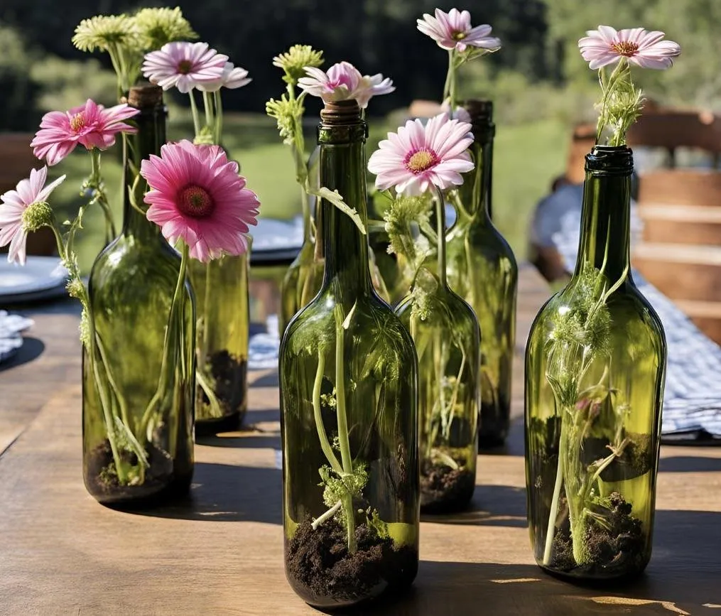 repurposed wine bottles, flowers growing
