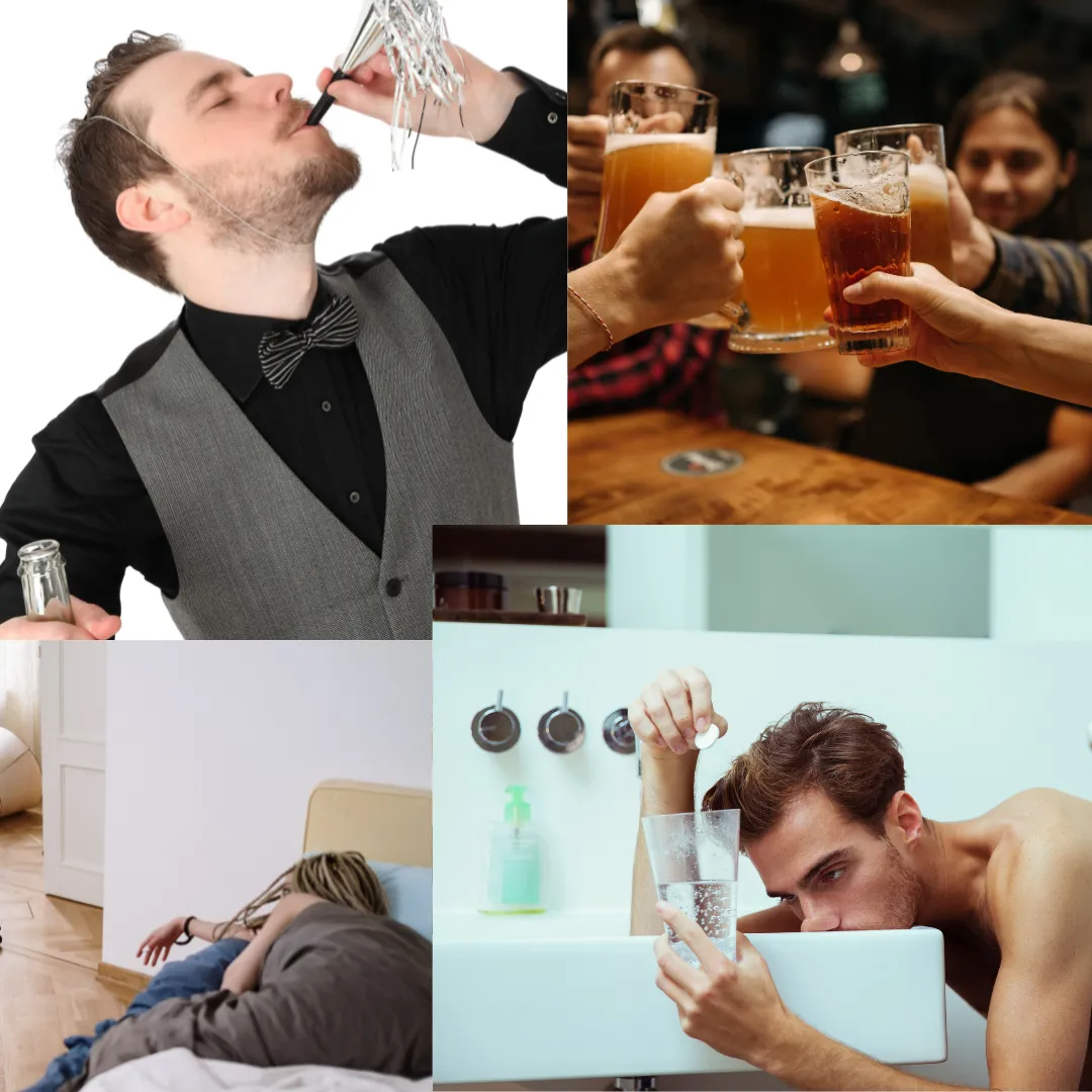 Split image of people partying and feeling hungover