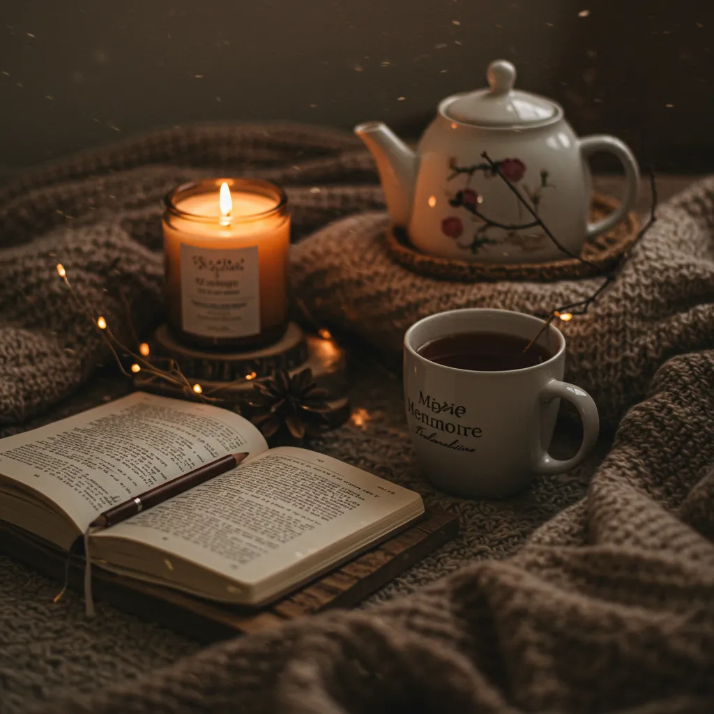cup of tea, candle, journal