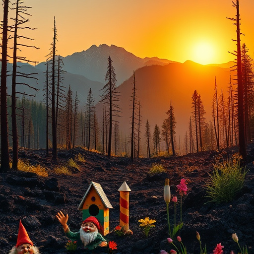 A vibrant cover image of a peaceful Colorado townscape featuring a charming building with warm hues symbolizing recovery from a fire. The majestic snow-capped peaks of the Colorado Rockies rise in the background under a brilliant blue sky. Smoke gently wafts from the building’s chimney, conveying warmth and resilience. Nearby, a lively construction site is filled with colorful tents and tools, showcasing workers engaged in restoring a quaint wooden house. Paint cans in rich reds and deep browns indicate new beginnings, while whimsical yard decorations, including a playful metal flamingo and a colorful wind chime, add a light-hearted touch. The scene exudes an optimistic and revitalizing atmosphere, reflecting themes of recovery, renewal, and community collaboration within a close-knit town. The warm color palette of oranges and earthy greens evokes feelings of hope and rebirth, inviting viewers to connect with the sense of home and the triumphs of fire restoration efforts.