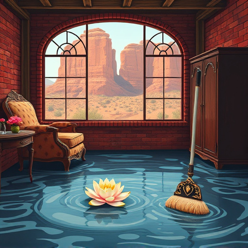 A serene blog cover image for a water damage restoration company in Keystone, Colorado, depicting the aftermath of a minor water incident in a cozy mountain home. The scene showcases a rustic living room with wooden beams and a stone fireplace. Water-damaged walls have been gently repaired by an expert, whose tools are subtly placed in the background. Soft daylight streams through large windows, illuminating breathtaking views of snow-capped mountains and evergreen forests. Quirky details include whimsical water droplets cascading from a potted plant and a cheerful frog perched on a rock near a small indoor fountain, symbolizing transformation and resilience. The environment balances comfort and professionalism, with a photorealistic art style emphasizing natural textures and lighting. The color palette features soft blues and earthy browns, creating a calming tone that aligns with the theme of water restoration in a picturesque mountain setting.