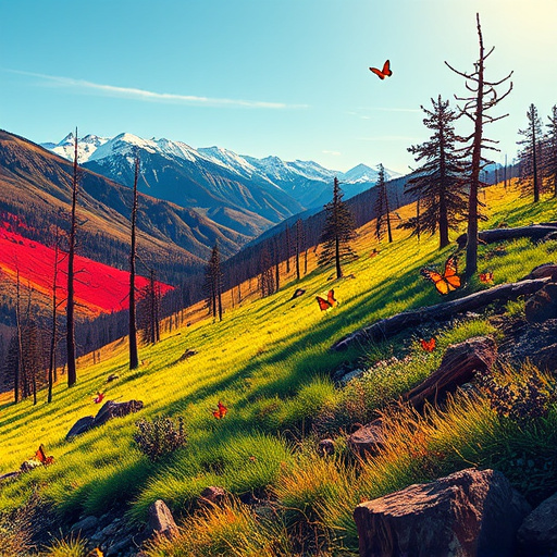 A hyperrealistic blog cover image of a serene mountain landscape in Basalt, Colorado, showcasing vibrant green trees against the charred remnants of a past wildfire. The foreground features detailed wildflowers and resilient plants growing from ash, symbolizing renewal and hope. Majestic mountains in the background are illuminated by soft, warm sunlight, creating a calm yet uplifting atmosphere that highlights nature's resilience and community fire restoration efforts. Whimsical elements include a playful deer peeking through foliage and quirky tiny birds perched on burnt tree stumps, illustrating the return of life. The color palette transitions from dark, smoky grays in affected areas to lively greens and blues, while the sky shifts from deep blue to golden, symbolizing a brighter future.