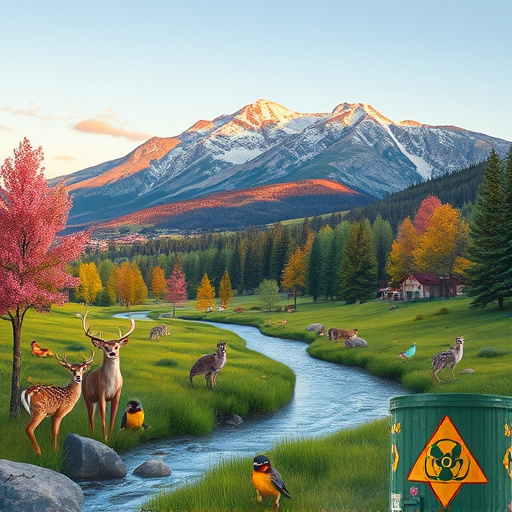 A serene landscape near Fairplay, Colorado, featuring a vivid mountain backdrop and a tranquil river during golden hour, where warm hues of orange, pink, and purple create a magical glow. In the foreground, playful cartoonish animals, including a raccoon in oversized goggles, a curious fox inspecting tools, and a beaver carrying a small containment barrel, are engaged in a whimsical hazmat cleanup operation, showcasing teamwork and ingenuity. The surrounding area is filled with vibrant wildflowers and tall grasses swaying in the breeze, creating an inviting and slightly surreal atmosphere that embodies harmony between nature and environmental responsibility. An old sign in the background whimsically reads "Hazmat Harmony Zone," framed by intricate vines and leaves. The scene is infused with a playful yet refined tone, reminiscent of the Pre-Raphaelite Brotherhood's ornate style and lush colors, exuding warmth and optimism.