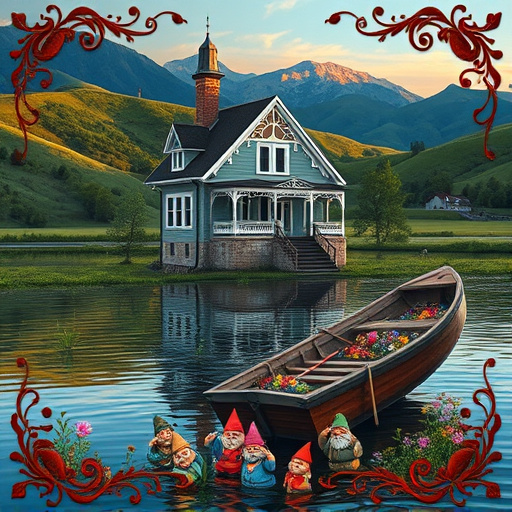 A flooded basement scene featuring vibrant water pooling on the ground, reflecting the distinctive geometrical shapes of Art Deco architecture, including arched windows and intricate moldings. A vintage-style water pump with swirling patterns, representing cleanup efforts, stands in the foreground. Colorful buckets and sponges float on the water, creating a playful atmosphere amid the seriousness of the situation. Soft ambient light filters through a partially submerged window, casting gentle shadows and contributing to an inviting, yet slightly chaotic mood. In the background, stacked boxes of old belongings rest on a shelf, evoking a sense of past memories, while a tangle of patterned rugs adds whimsy. A whimsical rubber duck floats serenely, contrasting with retro-style light fixtures hanging from the ceiling, emphasizing nostalgia and humor. The deep blues and gold accents in the color palette create a calm yet sophisticated atmosphere that reflects post-cleanup relief, capturing the duality of chaos and charm in the environment.