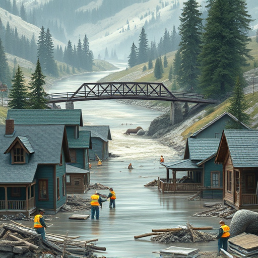 Alt text for the image: "A flooded basement in Fairplay, Colorado, submerged in murky water from spring snowmelt, showcasing the tops of a retro bicycle, dusty books, and a forgotten toy. Light filters through a grimy window, creating ripples on the water's surface, evoking a calm yet haunting atmosphere. The peeling wallpaper hints at a once-cozy space now in chaos. Quirky details include a floating rubber duck and misplaced gardening tools, adding humor to the scene. An old rusted furnace in the corner contributes character, while the muted color palette of earthy browns and soft blues enhances the melancholic mood of recovery. This photorealistic depiction captures intricate water reflections, symbolizing resilience in the aftermath of flooding."