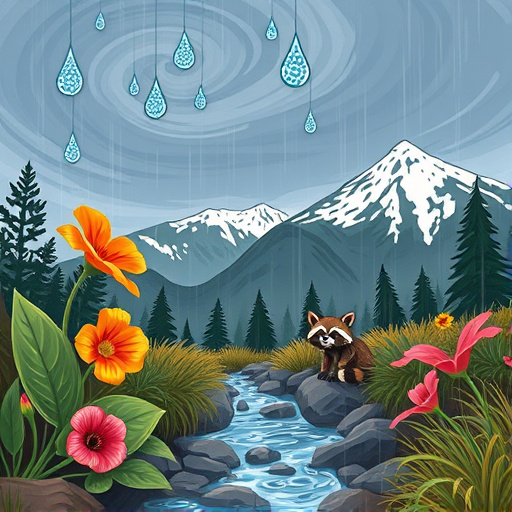 A serene yet alert scene depicting emergency water removal in Basalt, Colorado. The foreground features a tranquil, rushing river flowing through rocky terrain, surrounded by lush plants and vibrant wildflowers. An ornate Rococo-style ancient water wheel is prominently displayed, siphoning away excess water, blending elegance with efficiency. Floating near the water wheel are whimsical oversized raindrops with playful expressions, adding personality to the urgency of water management. In the background, majestic mountains in soft greens and blues rise against a pastel sky, creating a harmonious backdrop. Decorative Rococo motifs enhance the artistic flair, while a muted gold and pastel palette infuses sophistication and warmth. The absence of human figures emphasizes the beauty of nature and machinery while captivating viewers' attention.