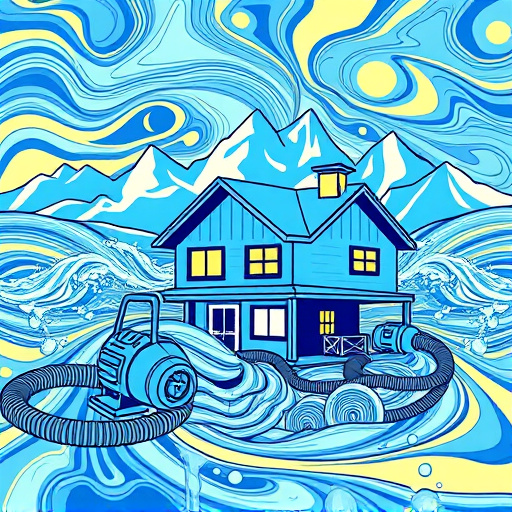 A vibrant Tachisme-inspired blog cover image showcasing a dynamic emergency water removal scene in Marble, Colorado. The foreground features a chaotic yet organized jumble of colorful water pumps and hoses, symbolizing movement with bright blue and turquoise hues for extracted water, contrasting with deep greens and earthy browns of the landscape. The majestic Rocky Mountains rise in the background, softened by mist, creating a serene yet powerful atmosphere. Playful details include oversized rubber ducks and quirky signs like "Quack for Help!" adding wit. Surrounding splashes of color form energetic patterns, reflecting resilience and community spirit amid adversity. The lively composition captivates viewers, inviting engagement with the urgent theme of water removal.