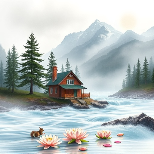 A hyperrealistic image of emergency water removal efforts in Minturn, Colorado, featuring a robust, gleaming water removal pump at the forefront, surrounded by splashing water under bright sunlight. In the background, vibrant green trees frame the scene, with rugged, snow-capped mountains showcasing Colorado's natural beauty. The setting conveys urgency while also maintaining a calm, professional tone, highlighted by rugged gear and tools scattered nearby, representing the determination of the response team. A quirky detail includes a playful squirrel perched on a branch, wide-eyed at the activity, and a rubber duck floating on the water, adding a touch of lightheartedness to the serious situation. The color palette features deep blues and aquamarines of the water contrasted by earthy browns and greens of the foliage and mountains. Soft rays of sunlight breaking through the clouds illuminate the scene, evoking a sense of optimism and resilience amidst adversity while focusing on hyperrealistic detail, texture, and atmosphere.