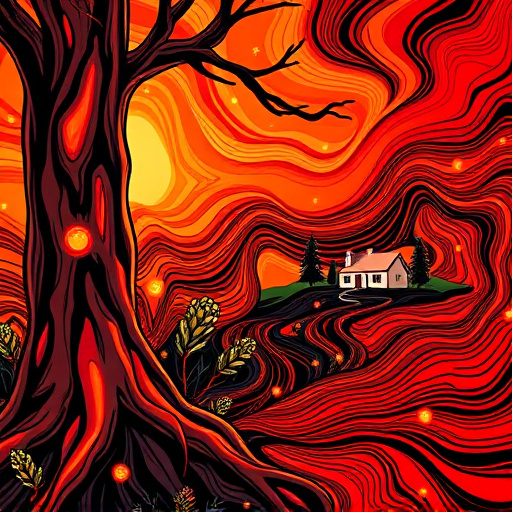 A cubist illustration of a charming mountain town in Vail, Colorado, representing "Fire Restoration Companies Near Me." The image features geometric shapes illustrating iconic alpine cabins against the majestic Vail mountains. Warm shades of orange and red suggest recovery, contrasted with cool blues and greens symbolizing hope. In the foreground, fragmented charred logs and embers are paired with vibrant tools like hammers and paintbrushes, indicating restoration efforts. Whimsical details include a bird on a soot-covered chimney and blooming flowers among debris, reflecting the theme of rebirth. The soft, inviting atmosphere conveys community spirit and the transformation from destruction to revitalization, making it a captivating cover for fire recovery content.
