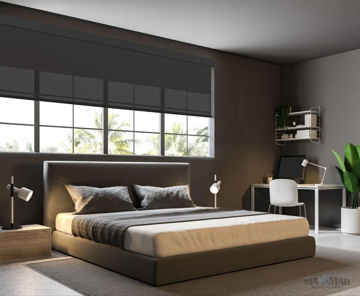 Maxxmar custom roller shades on large windows in a bedroom, available at Fasada Windows and Doors Oakville.